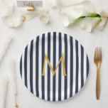 Retro Monogram Navy Blue & White Stripes Striped Paper Plate<br><div class="desc">Modern vintage striped design. Vertical stripes pattern design in chic french classic summer sailor navy blue and white colour.</div>
