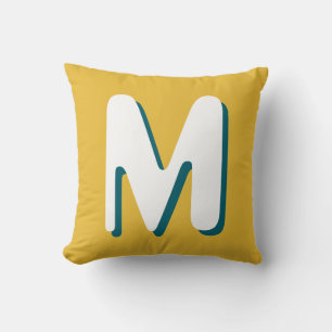 Retro Monogram Teal White Yellow Throw Pillow