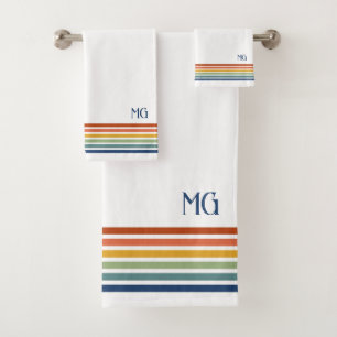 Retro Monogrammed Minimalist Stripes Bath Towel Set