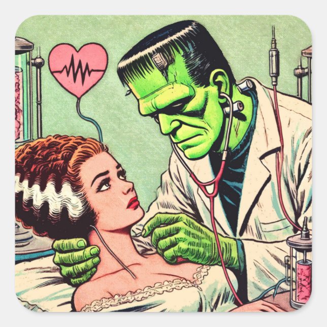 Retro Monster Love Comics Square Sticker (Front)