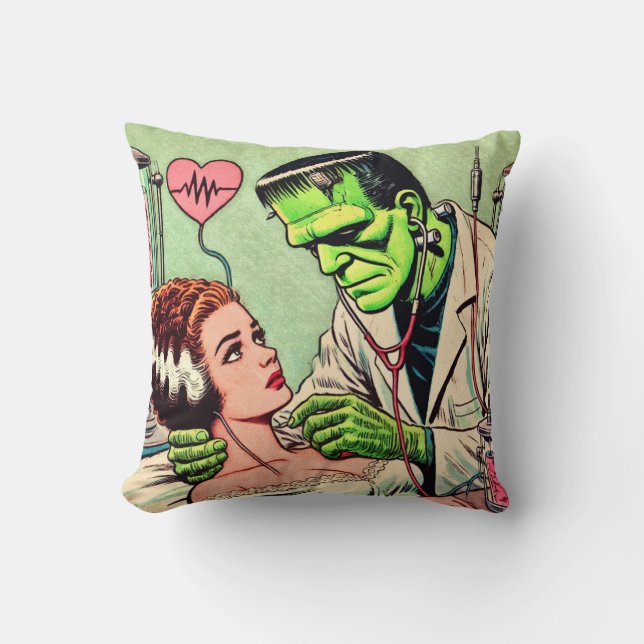 Retro Monster Love Comics Throw Pillow (Front)