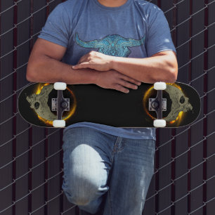 Retro moon Dead Burning Skull in Fire Skateboard