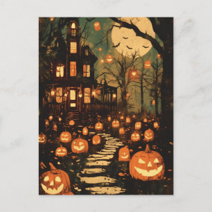 Retro Moonlit Haunted House Pathway Holiday Postcard