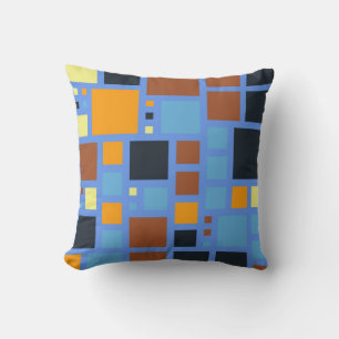 Retro Mosaic Squares Orange Brown Blue Grey Throw Pillow