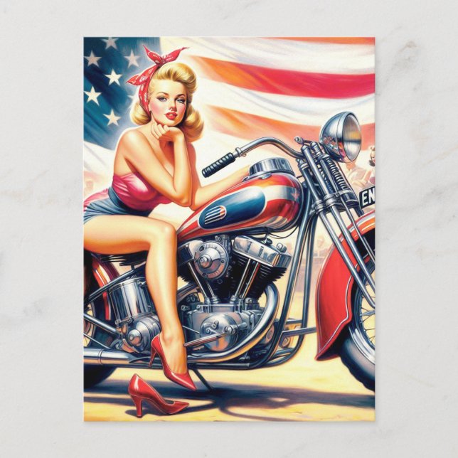 Retro Motorcycle Pin Up Postcard (Front)