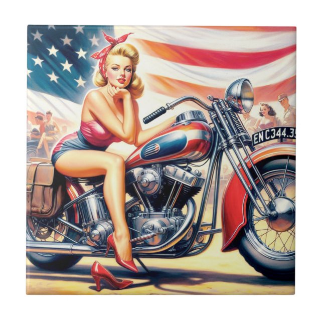 Retro Motorcycle Pin Up Tile (Front)