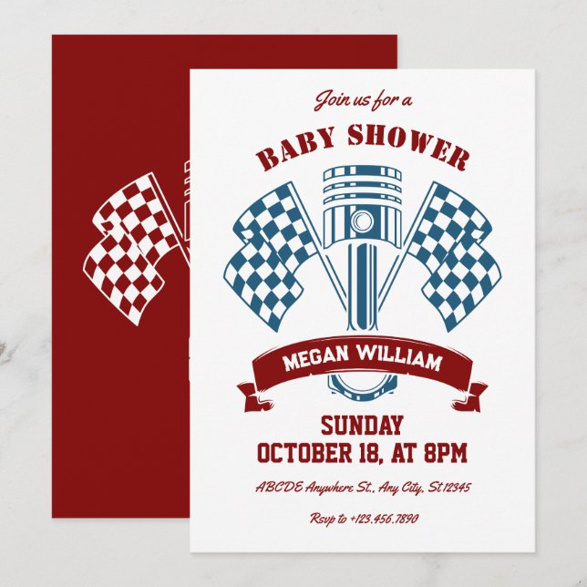 Retro motorcycle racing machine baby shower invitation (Front/Back)