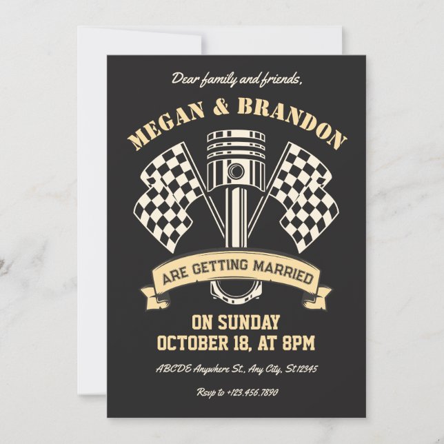 Retro motorcycle racing mechanic machine wedding invitation (Front)