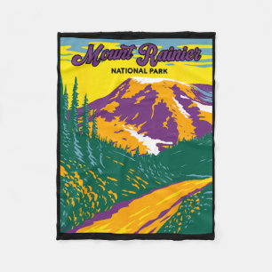 Retro Mount Rainier National Park Hiking Camping  Fleece Blanket