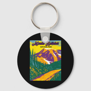 Retro Mount Rainier National Park Hiking Camping Keychain