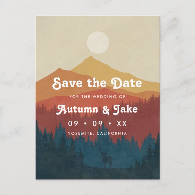 Retro Mountain and Forest Photo Wedding Save The D Announcement Postcard (Front)
