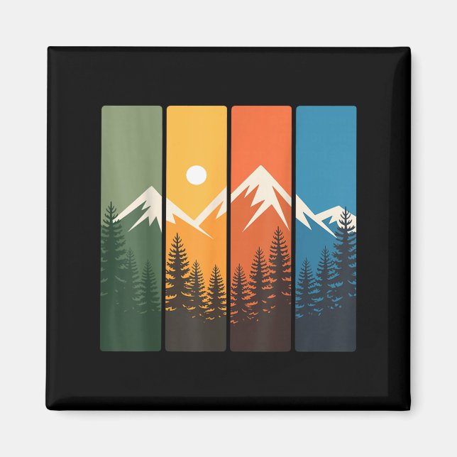 Retro Mountain Forest Sunset Landscape Nature Magnet (Front)
