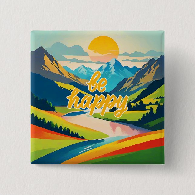 Retro Mountain Landscape 2 Inch Square Button (Front)