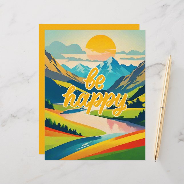 Retro Mountain Landscape "Be Happy" Letterhead (Front/Back In Situ)