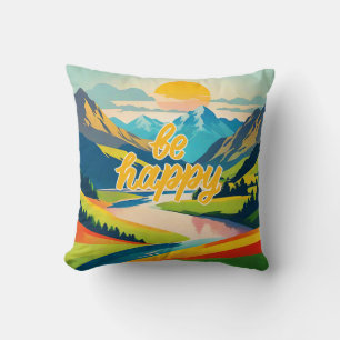 Retro Mountain Landscape Be Happy Throw Pillow