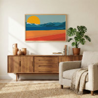 Retro Mountain Landscape Illustration Blue Yellow