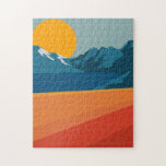 Retro Mountain Landscape Illustration Orange Blue Jigsaw Puzzle<br><div class="desc">This stylish puzzle features a colourful and bold illustration of a retro mountain landscape in red,  orange,  and blue.</div>