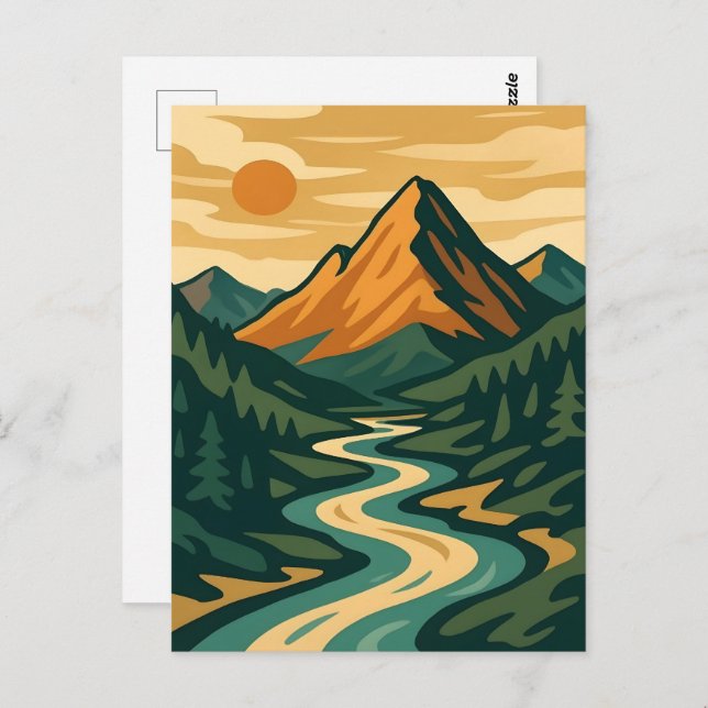 Retro Mountain Landscape Illustration Red Blue Postcard (Front/Back)