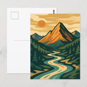 Retro Mountain Landscape Illustration Red Blue Postcard