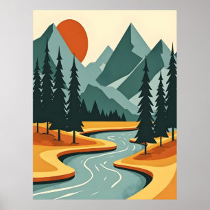 Retro Mountain Landscape Illustration Red Blue Poster