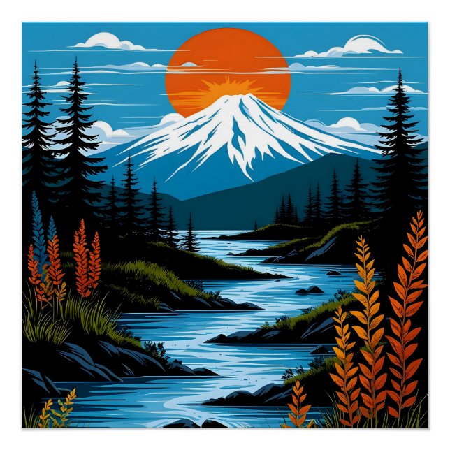 Retro Mountain Landscape Illustration Red Blue Poster (Front)