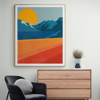 Retro Mountain Landscape Illustration Red Blue