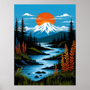 Retro Mountain Landscape Illustration Red Blue Poster