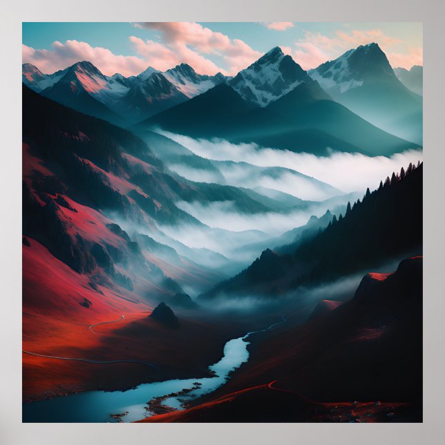 Retro Mountain Landscape Illustration Red Blue Poster (Front)