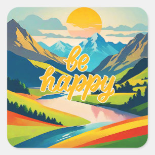 Retro Mountain Landscape Square Sticker