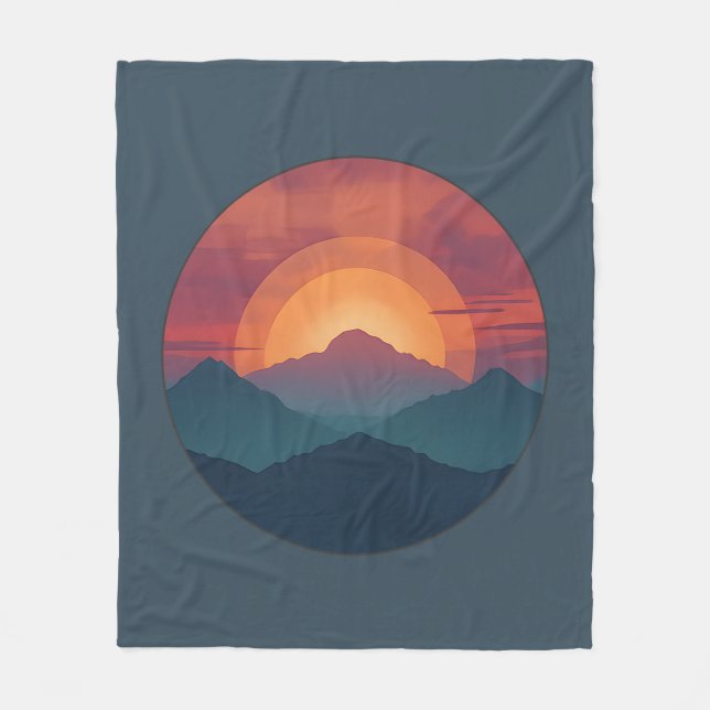 Retro Mountain Sunset Art Watercolor Painting Blue Fleece Blanket (Front)