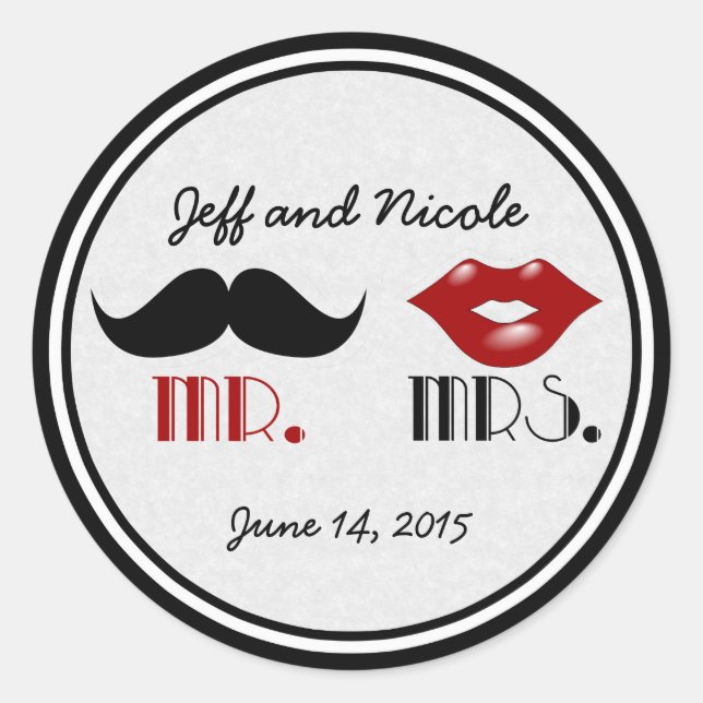 Retro Moustache Custom Wedding Classic Round Sticker (Front)