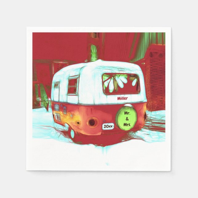 Retro Mr. And Mrs. Christmas Red Green Camper Napkin (Front)