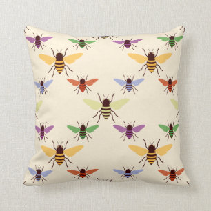 Retro multi colour rainbow bees bumblebees pattern throw pillow