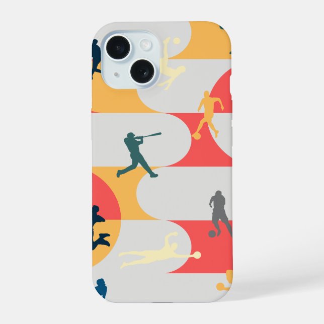 Retro Multi-Sport Silhouette Geometric Pattern iPhone 15 Case (Back)