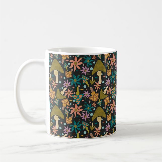 Retro Mushroom Floral Black Pattern Coffee Mug (Left)