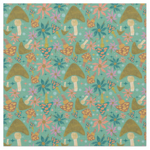 Retro Mushroom Floral Mint Pattern Fabric