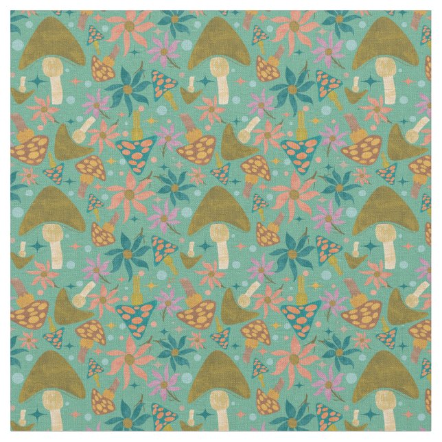 Retro Mushroom Floral Mint Pattern Fabric (Close Up)