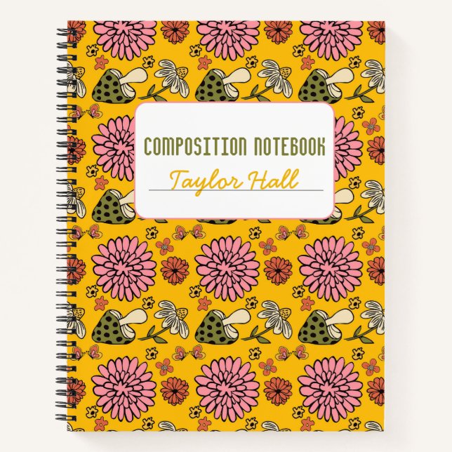 Retro Mushroom Floral Yellow Personalized Notebook (Front)