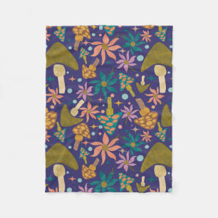 Retro Mushroom Purple Woodland Fleece Blanket