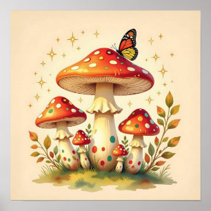 Retro Mushrooms and Butterfly Vintage Colors Poster