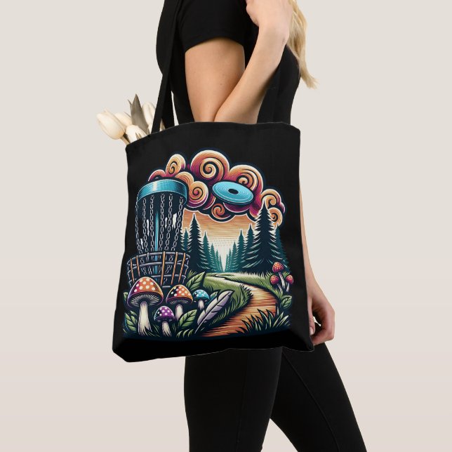 Retro Mushrooms and Disc Golf Course Ai Art Tote Bag (Close Up)