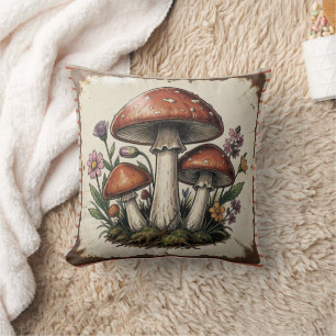 Retro Mushrooms and Flowers Vintage Vibes Throw Pillow