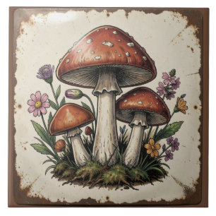 Retro Mushrooms and Flowers Vintage Vibes Tile