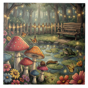 Retro Mushrooms and Flowers Vintage Vibes Tile