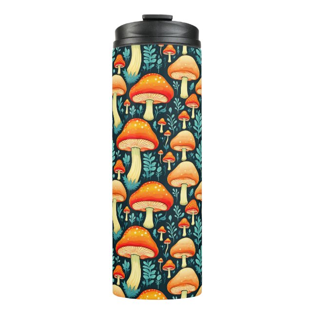 Retro Mushrooms in Orange and Blue Thermal Tumbler (Front)