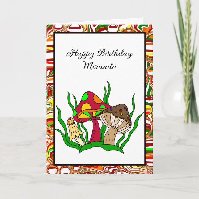 Retro Mushrooms Personalized Happy Birthday   Card (Front)