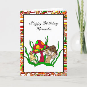 Retro Mushrooms Personalized Happy Birthday Card