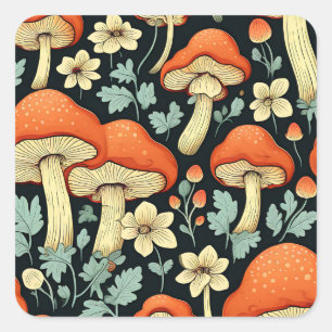 Retro Mushrooms Vintage Flowers Square Sticker