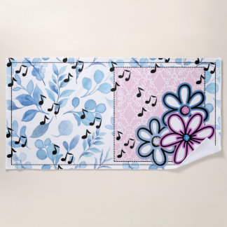 Retro music and floral beach towel