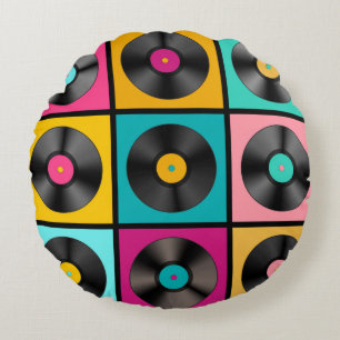 Retro Music Background with Vinyl Records - vintag Round Pillow